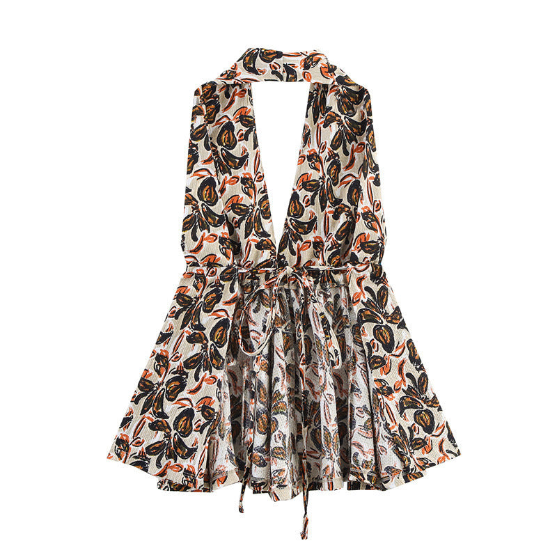 Printed Hanging Collar Top Loose Trousers Two-piece Suit