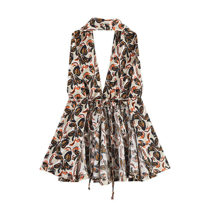 Printed Hanging Collar Top Loose Trousers Two-piece Suit