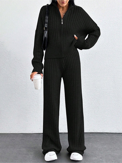 Autumn And Winter New European And American Women's Casual Loose Zip Top And Trousers Two-piece Set