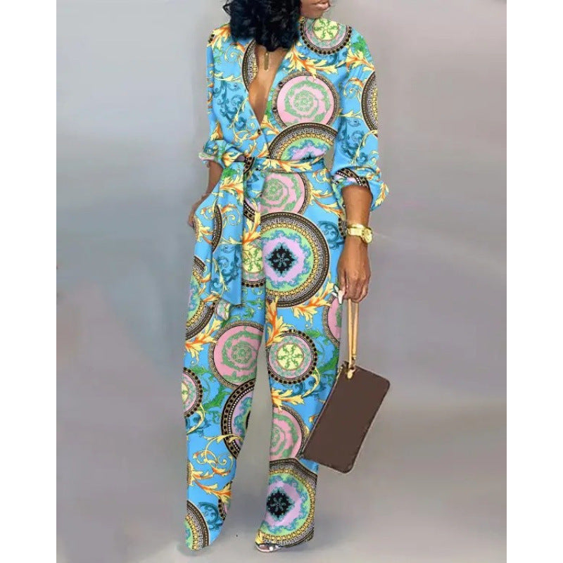 European And American Printed Button Loose Long Sleeve Tied High Waist Casual Straight-leg Jumpsuit