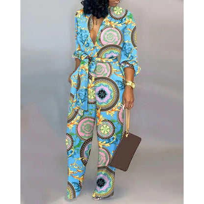 European And American Printed Button Loose Long Sleeve Tied High Waist Casual Straight-leg Jumpsuit