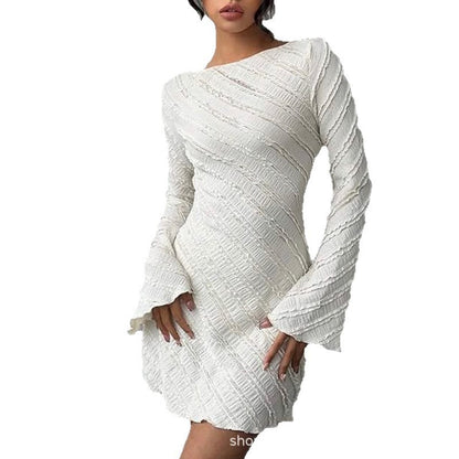 White Knitted Fabric Boat Neck A-line Back Tie Dress