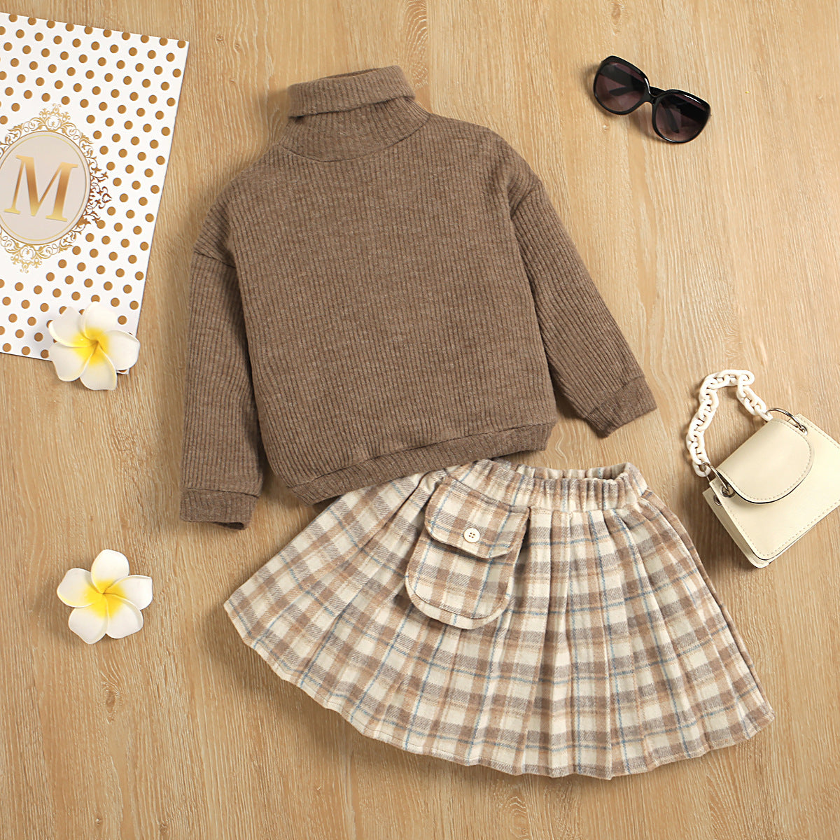 Sweater Knitted Bottoming Shirt  Plaid Skirt Two Piece Set