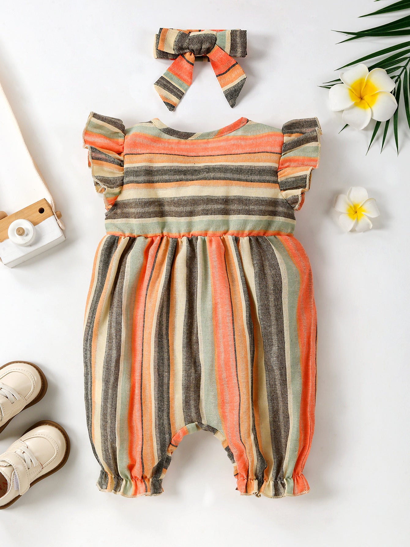 Flounced Sleeve Bow One-piece Romper Crawling Suit Same Style Fashion Hair Band