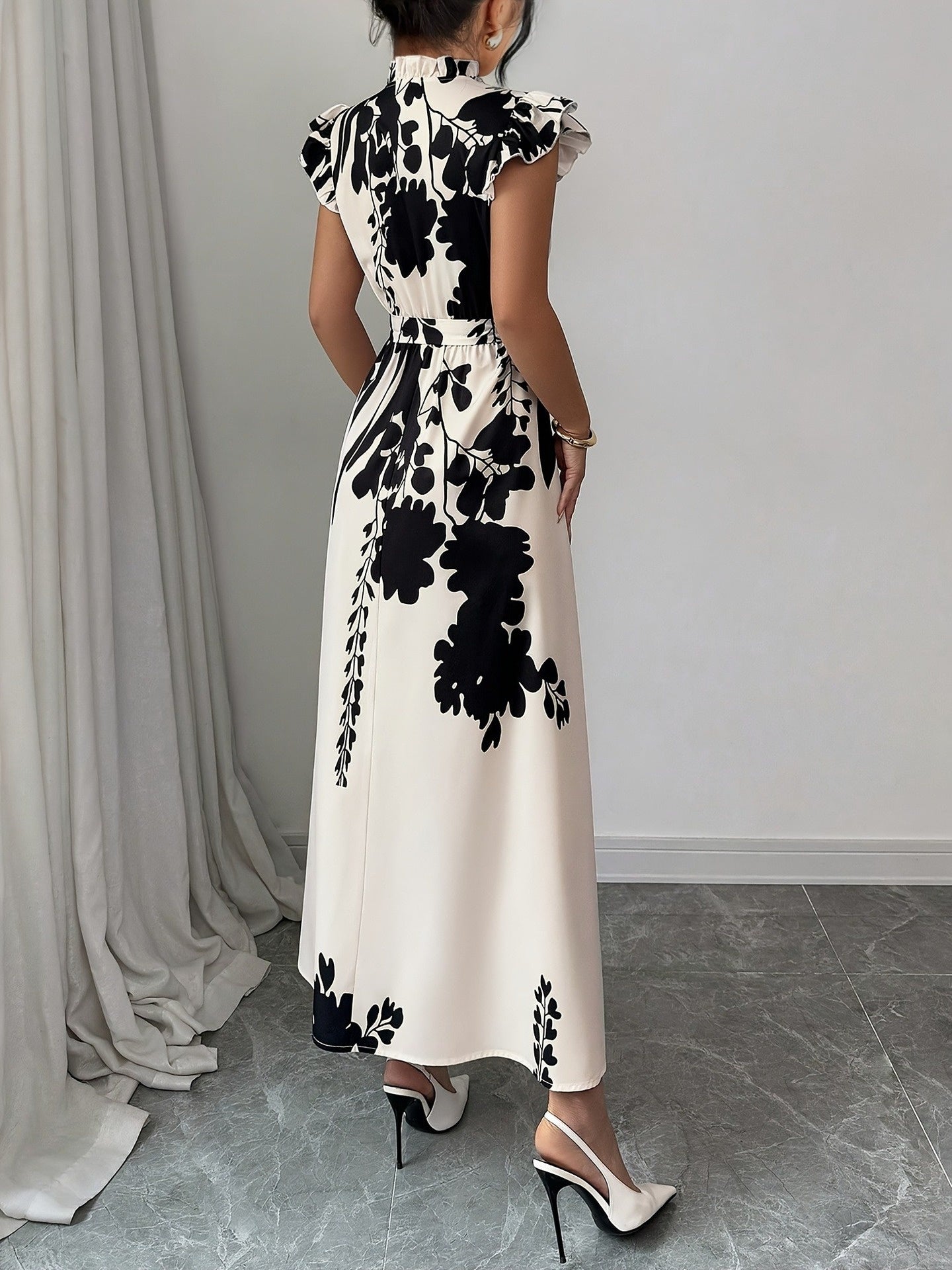 Ethnic Style Printed Small Stand-collar Button-front Long Dress