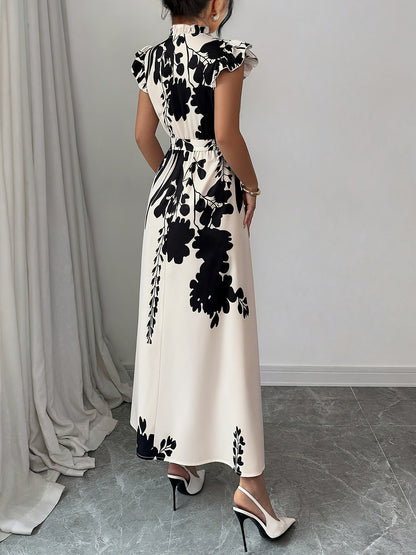 Ethnic Style Printed Small Stand-collar Button-front Long Dress