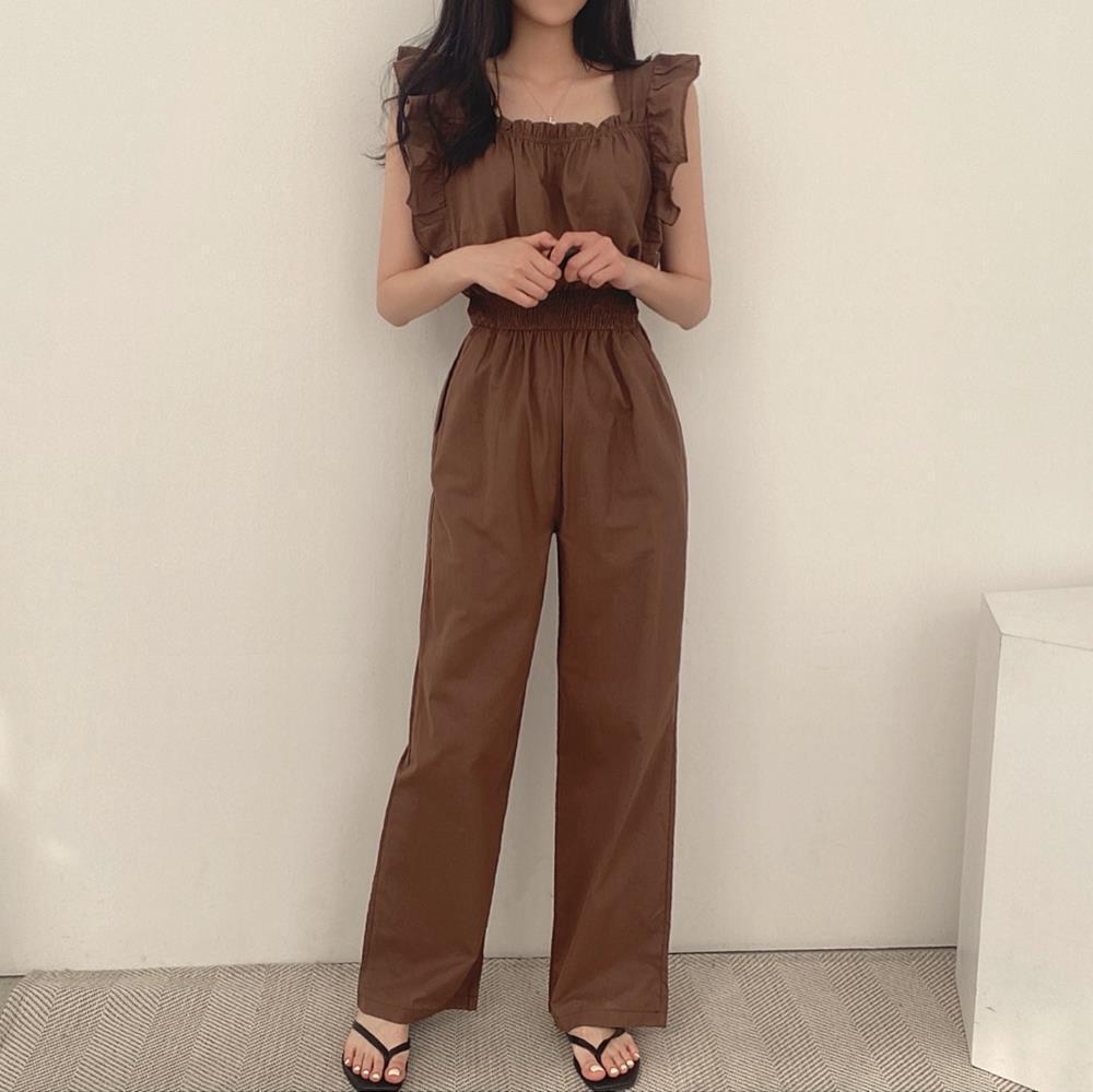 French Retro Square Collar Ruffled Flying Sleeves Elastic And Waisted High Waist Wide Leg Jumpsuit For Women
