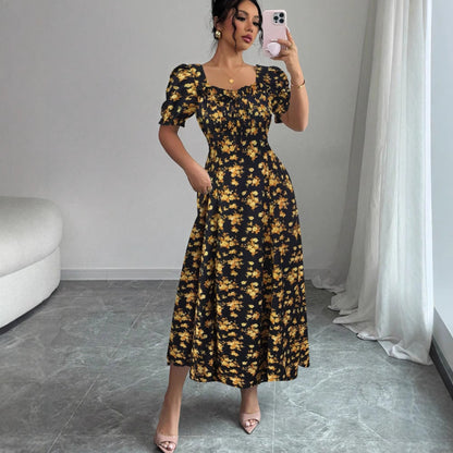 Women's Fashion Elegant U-neck Short-sleeved Printed Large Swing Dress