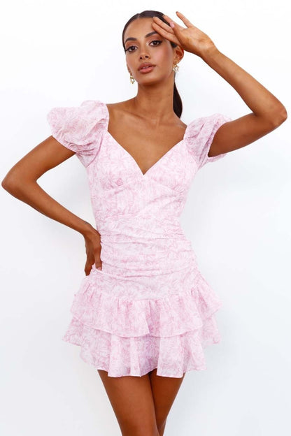 Summer Short Skirt Casual Puff Sleeve Floral