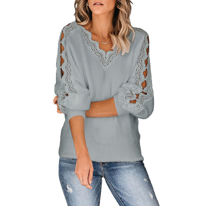 Autumn And Winter New Style Solid Color Lace V-leader Hollow Sexy Knit Top Women