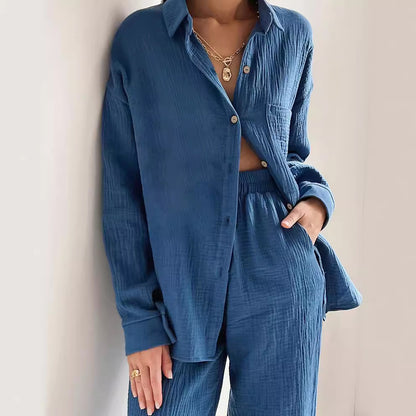 Loose Elastic Wrinkle Long Sleeve Shirt Wide Leg Pants Casual Suit