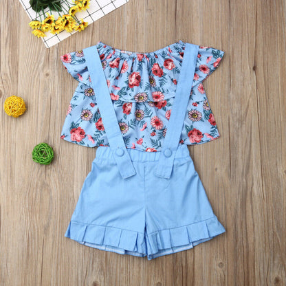 Girls SDuit Blue Floral Overalls + tube Top 2 Piece Set