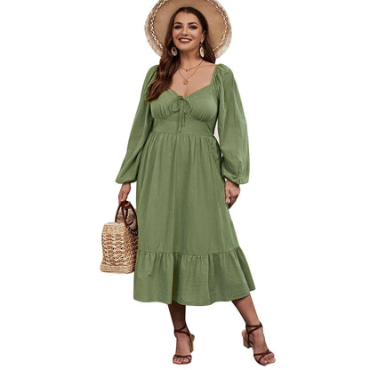 Waist-tight Large Skirt With Chicken Collar Puff Sleeve Pastoral Style Long Sleeve Dress