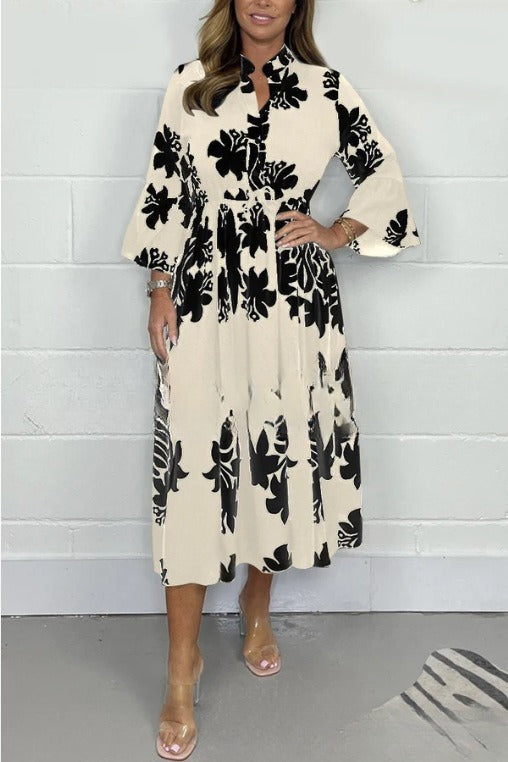 Elegant Printed Stand-up Collar Cinched Long Sleeve Dress