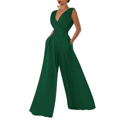 Solid Color And V-neck High Waist Wide Leg Jumpsuit