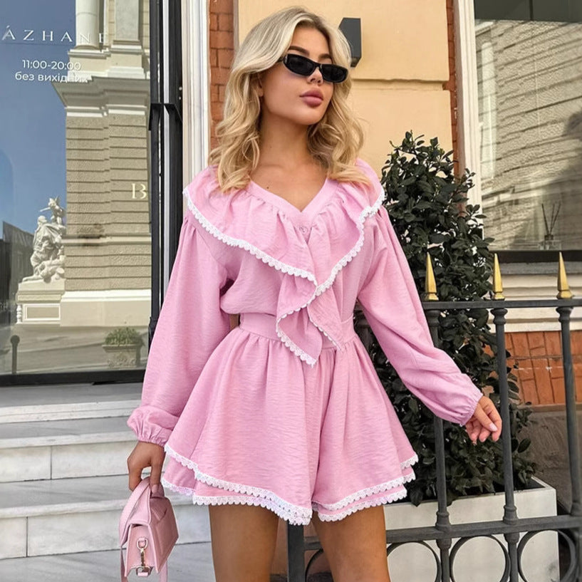 Layered Ruffled Lapel Lantern Sleeve Loose Two-piece Suit