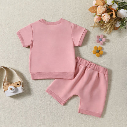 Printed Short-sleeved Top Solid Color Shorts Summer Two-piece Set