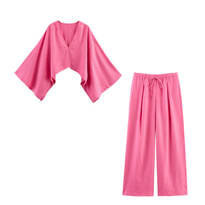Asymmetric Linen Top Wide Leg Pants Two-piece Suit