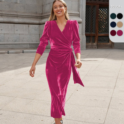 Polyester Women's Dress French Style V-neck Elegant Long Sleeve Evening Dress