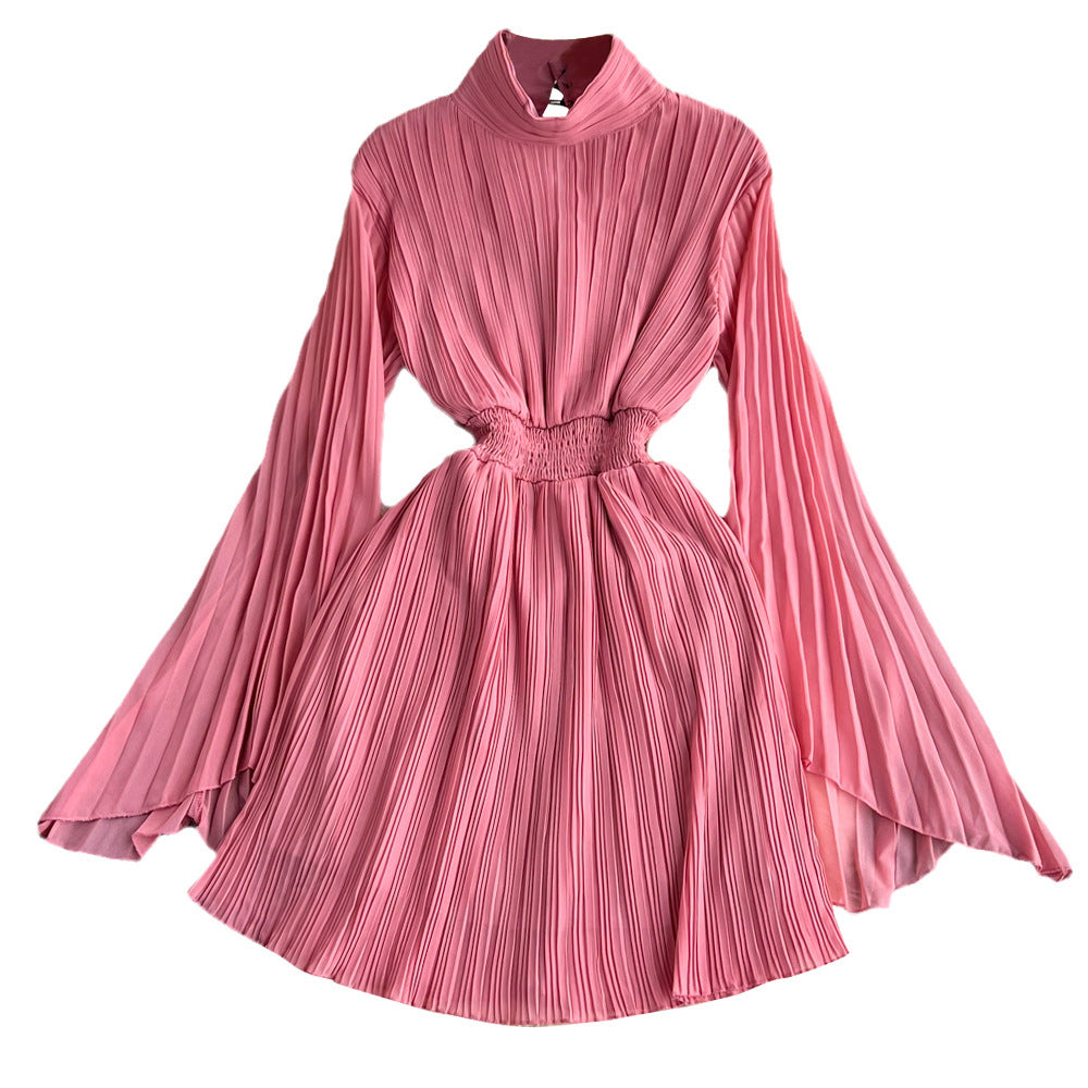 Horn Long Sleeves Stand Collar Waist A-line Chiffon Dress