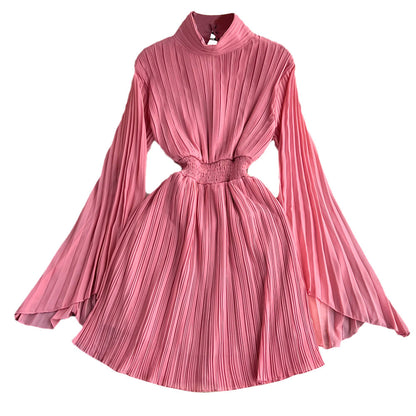 Horn Long Sleeves Stand Collar Waist A-line Chiffon Dress