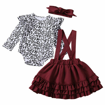 Leopard Print Children's Romper Strap Lace Skirt Girls Set
