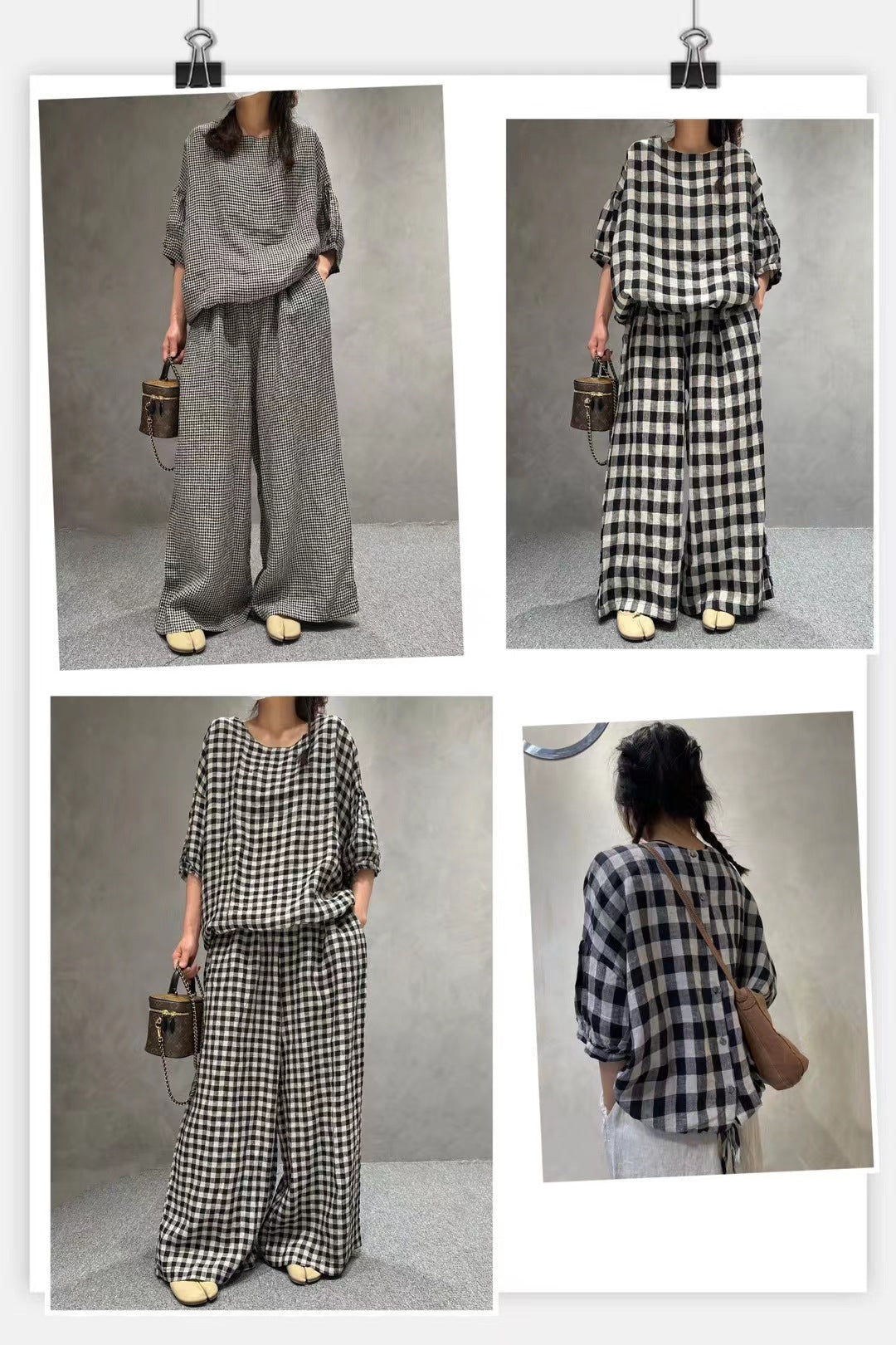 Half Sleeve Linen Plaid Round Neck T-shirt Wide Leg Pants