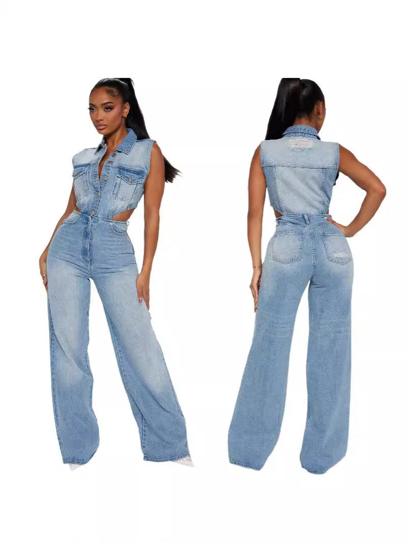 Slim Elastic Wash Denim Jumpsuit Straight Loose Jumpsuit