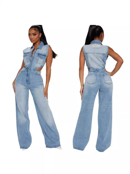 Slim Elastic Wash Denim Jumpsuit Straight Loose Jumpsuit