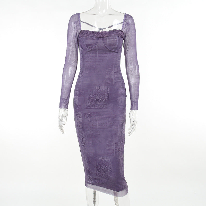 Woman Square-neck Lace Stitching Printing Long Sleeve Dress