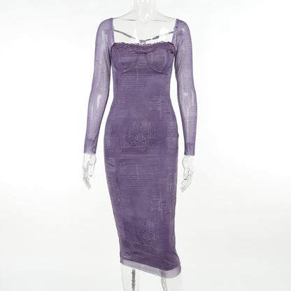 Woman Square-neck Lace Stitching Printing Long Sleeve Dress