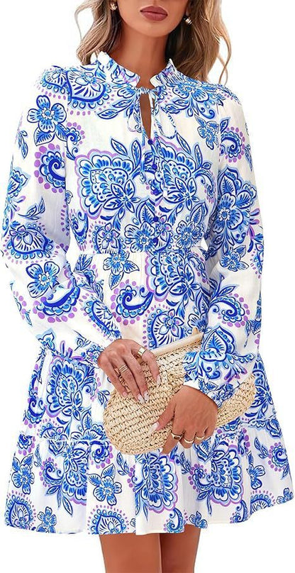 Elegant V-neck Flower Lace-up Long Sleeve Dress