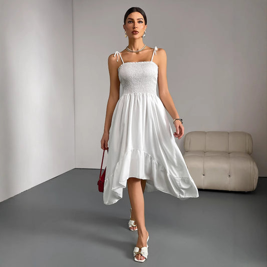 White Suspender Sleeveless Pleated Irregular Long Dress