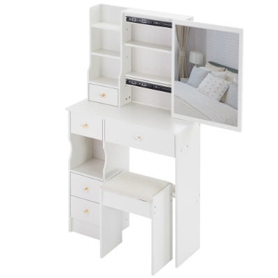 29.2 Small Space Left Drawer Desktop Vanity Table  Cushioned Stool, Extra Large Right Sliding Mirror, Multi Layer High Capacity Storage, Practical Fashionable Dresser, Suitable For Small Space