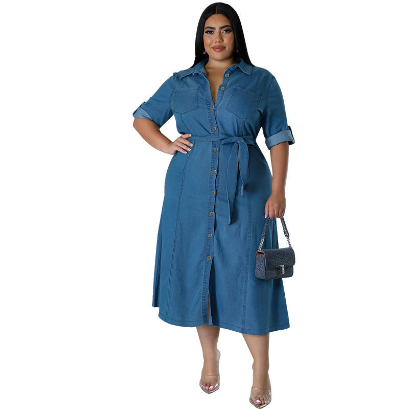 Denim Lapel Long Sleeve Tied Midi Dress
