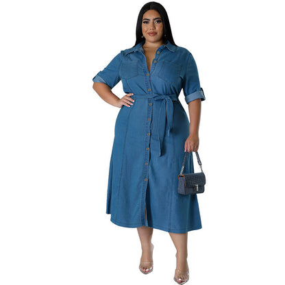 Denim Lapel Long Sleeve Tied Midi Dress