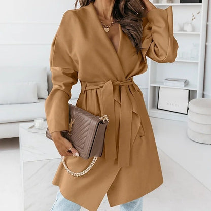 Autumn And Winter New Fashion Solid Color Long-sleeved Tied Tweed Jacket