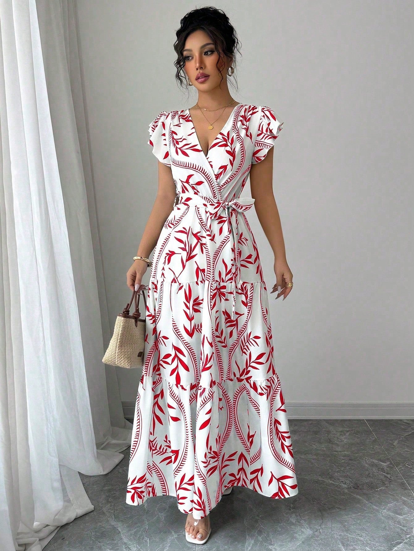 Lace-up Floral Short-sleeve Frilly Elegant A-line Skirt