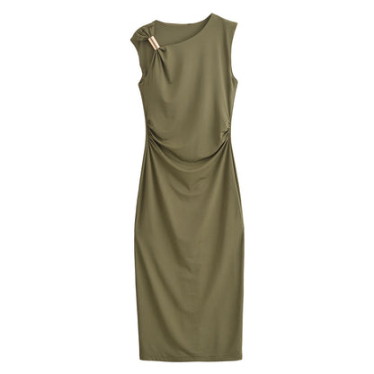 Women's High-grade Satin Sleeveless Pleated Dress