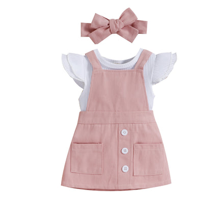 Sunken Stripe Cotton Short-sleeved Flower Suspender Skirt Infant Suit