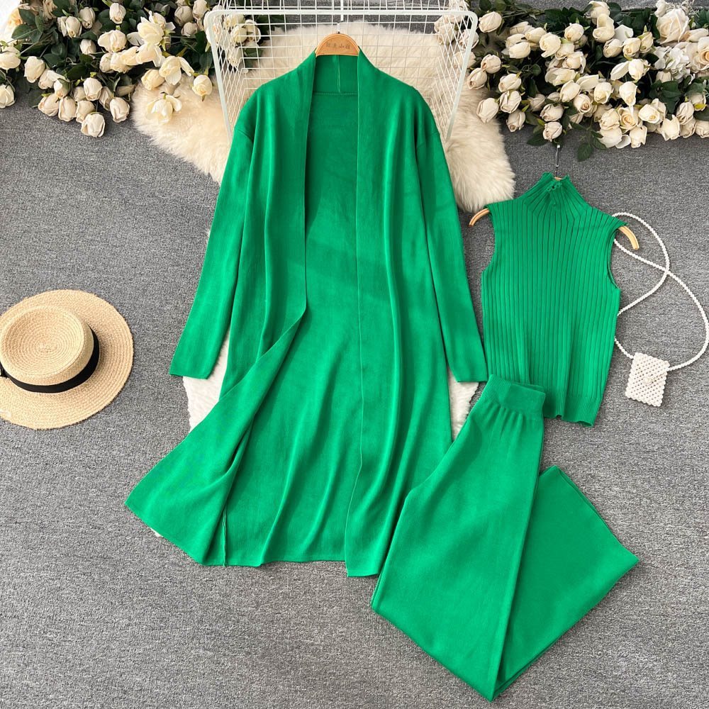 Autumn New Lazy And Loose Knitting Suit Women's Long Shawl Cardigan Turtleneck Sweater Wide Leg Pants Three-piece Set