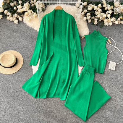 Autumn New Lazy And Loose Knitting Suit Women's Long Shawl Cardigan Turtleneck Sweater Wide Leg Pants Three-piece Set