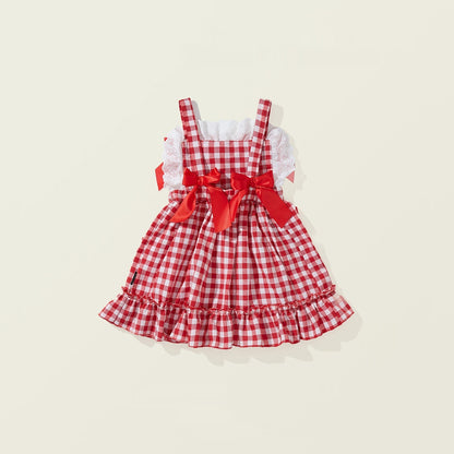 Girls' Red Plaid Bow Suspenders Princess Dress
