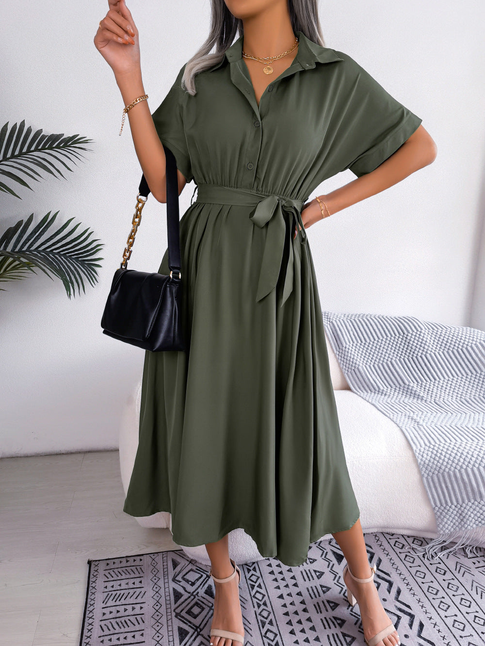 Ins Style European And American Leisure Loose Pure Color Tied Shirtdress