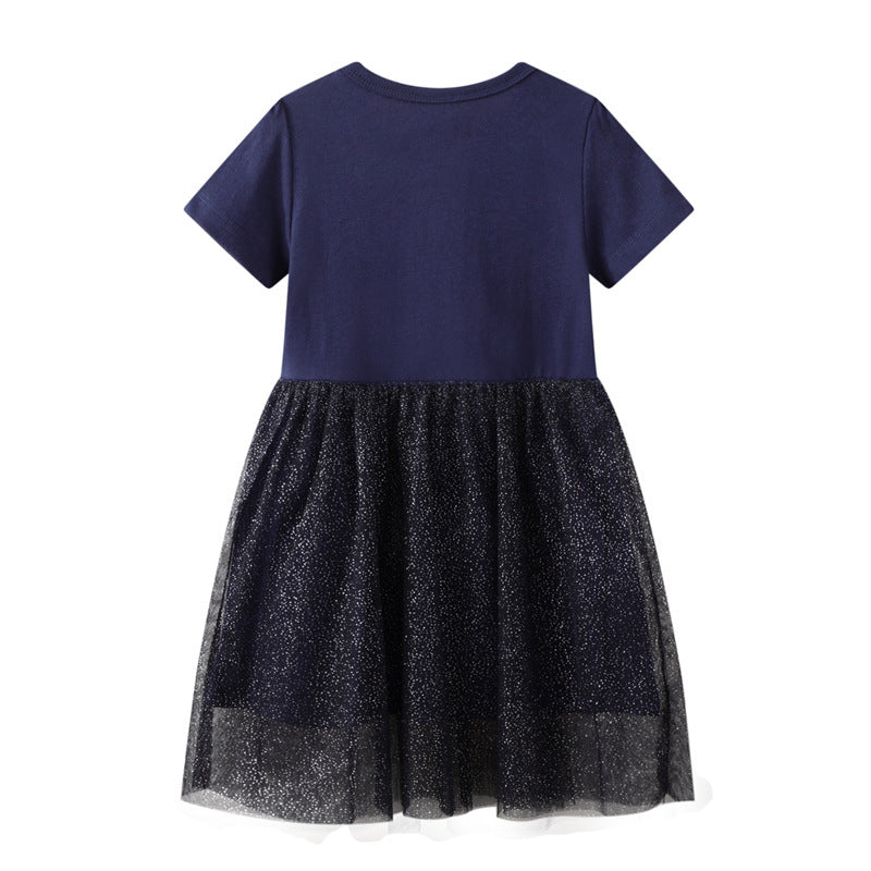 Short Sleeve Fashion Girls Knitted Top Dress Mesh Princess Dress