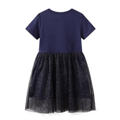 Short Sleeve Fashion Girls Knitted Top Dress Mesh Princess Dress