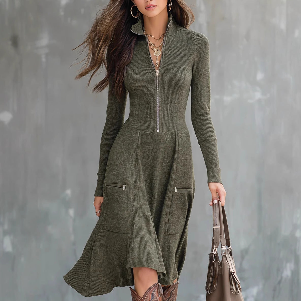 Zippered Pocket Long Sleeve Waist-cinching Dress
