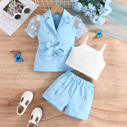 Girls' Suit Top Sling Romper Pants Three-piece Suit