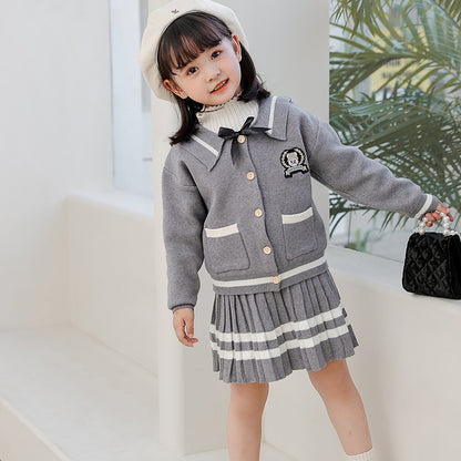 Embroidered Long Sleeve Cardigan Pleated Skirt Two Piece Set