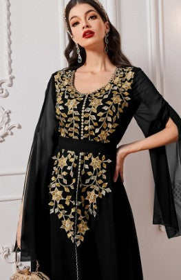 Women's Fashion Embroidery Applique Super Long Sleeve Dress